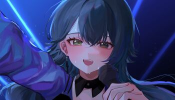 Rule 34 | 1girl, black collar, blush, collar, collared shirt, detached collar, earrings, gakuen idolmaster, green eyes, green hair, hair between eyes, hand up, hashtag-only commentary, highres, holding, holding microphone, idolmaster, jewelry, long hair, long sleeves, looking at viewer, microphone, open mouth, outstretched arm, portrait, purple shirt, ruo 015, shirt, smile, solo, sweat, tsukimura temari