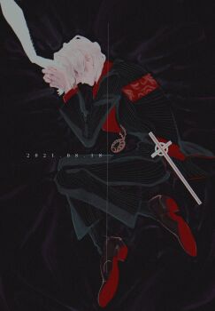 1boy antonio_salieri_(fate) antonio_salieri_(second_ascension)_(fate) ascot black_background black_jacket black_pants black_socks brown_shoes clenched_teeth commentary_request dated fate/grand_order fate_(series) fetal_position full_body hand_grab hand_to_forehead highres jacket knife long_sleeves male_focus medallion out_of_frame pants pinstripe_jacket pinstripe_pants pinstripe_pattern red_ascot shaded_face shoes short_hair socks striped_background striped_clothes striped_jacket taraba_(mgo10000) teeth vertical-striped_background vertical-striped_clothes vertical-striped_jacket white_hair