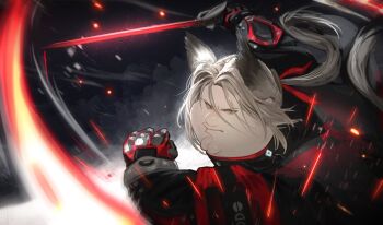 1boy animal_ears arknights arknights:_endfield bird_ears cleft_chin closed_mouth commentary commentary_request cosplay english_commentary family_guy fat fat_man grey_hair hellagur_(arknights) holding holding_sword holding_weapon kowai_(iamkowai) long_hair male_focus peter_griffin pogranichnik_(arknights) ponytail solo sword weapon