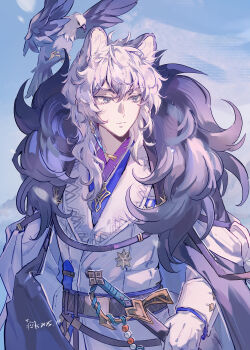 Rule 34 | 1boy, absurdres, animal ear fluff, animal ears, arknights, bird, black cape, blue background, blue shirt, cape, chinese commentary, commentary request, cowboy shot, fur-trimmed jacket, fur trim, gloves, grey eyes, grey hair, hawk, highres, jacket, looking to the side, male focus, sheath, sheathed, shirt, silverash (arknights), silverash the reignfrost (arknights), simple background, smile, snow leopard ears, solo, sword, tenzin (arknights), weapon, white background, white gloves, yizhixiaopomao