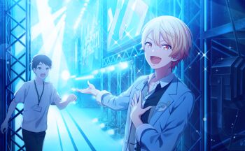 2boys :d black_hair black_pants black_shirt blonde_hair blue_jacket blurry bokeh collared_shirt colorful_palette depth_of_field game_cg grey_eyes highres jacket lanyard male_focus multiple_boys official_art open_clothes open_jacket open_mouth orange_eyes pants project_sekai scramble_fan_festa!_(project_sekai) shirt short_hair smile sparkle tenma_tsukasa third-party_source white_shirt