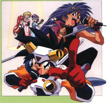 1990s_(style) 2boys 3girls arara_cocoa arara_milk armor baba_lamune black_eyes black_hair blonde_hair blue_hair braid braided_ponytail choker coke-bottle_glasses cross da_cider fingerless_gloves glasses gloves headgear holding holding_microphone holding_microphone_stand leska_(arara_cafe_au_lait) long_sleeves microphone microphone_stand multiple_boys multiple_girls music ng_knight_lamune_&amp;_40 non-web_source official_art open_mouth pauldrons purple_hair red_gloves red_hair retro_artstyle shoulder_armor singing spiked_choker spiked_hair spikes spotlight standing sweat tama-q teeth upper_teeth_only v-shaped_eyebrows
