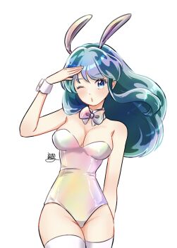 1girl animal_ear_hairband animal_ears aqua_hair bow bowtie breasts cleavage detached_collar fake_animal_ears hairband highres iridescent leotard long_hair looking_at_viewer lum one_eye_closed playboy_bunny pocyakko_m rabbit_ear_hairband rabbit_ears sidelocks signature simple_background solo strapless strapless_leotard thighhighs urusei_yatsura white_background white_bow white_bowtie white_leotard white_thighhighs wrist_cuffs