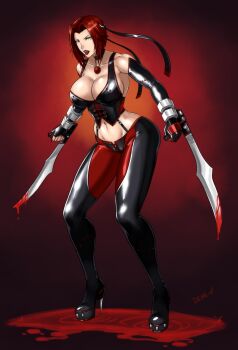 1girl amulet armor blood bloodrayne bloody_weapon breasts choker cleavage devil-v dhampir elbow_gloves fangs fingerless_gloves gloves green_eyes half-human half-undead halterneck halterneck highres large_breasts leather_armor mixed_species nail_polish red_hair standing undead vampire weapon