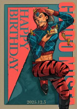 Rule 34 | 1boy, 2025, 39zaku39, 6+others, abs, adjusting clothes, adjusting headwear, animal print, argyle clothes, argyle hat, argyle sweater, birthday, black boots, black eyes, black hair, blue sweater, boots, cake, cake slice, character name, colored skin, commentary request, crop top, dated, eating, food, food on face, fork, guido mista, happy birthday, hat, highres, holding, holding fork, jojo no kimyou na bouken, long sleeves, male focus, midriff, multiple others, navel, pants, plate, red hat, red pants, sex pistols (stand), short hair, solo, sweater, teeth, turtleneck, turtleneck sweater, vento aureo, yellow skin, zebra print