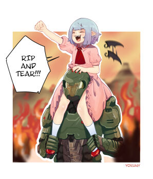 >_< 1boy 1girl armor artist_name bat_wings blue_hair blurry blurry_background brooch carrying clenched_hand closed_eyes commentary doom_(series) doomguy dress english_commentary english_text fang flapping hell highres jewelry nail_polish no_headwear open_mouth outline pink_dress pointy_ears praetor_suit red_footwear red_nails red_neckwear remilia_scarlet short_hair shoulder_carry speech_bubble touhou unamused white_legwear white_outline wings yoruny