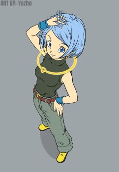 absurdres blue_eyes blue_hair bulma commentary denim dragon_ball dragon_ball_xenoverse_3 english_commentary from_above full_body green_pants highres jeans looking_at_viewer looking_up mature_female pants shoes short_hair sleeveless turtleneck wristband y0zh0
