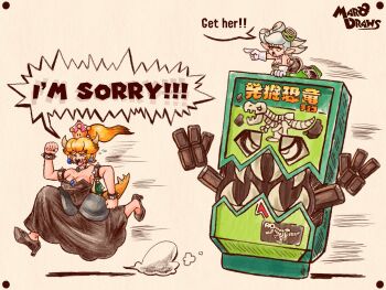2girls armlet artist_name bare_shoulders blonde_hair bowsette bracelet breasts charapaki_gochizo cleavage collar commentary crown dress earrings english_commentary english_text fangs gloves gochizo grey_hair highres horns inkling jewelry kamen_rider kamen_rider_gavv_(series) marie_(splatoon) mario_(series) marodraws mole multiple_girls nintendo object_on_head open_mouth pantyhose pointy_ears ponytail sharp_teeth short_hair spiked_armlet spiked_bracelet spiked_collar spiked_shell spiked_tail spikes splatoon_(series) super_crown tail teeth tentacle_hair turtle_shell yellow_eyes