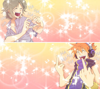 2boys four-finger_heart_hands ^_^ bare_shoulders closed_eyes collarbone false_smile gradient_background hakei headphones heart heart_hands highres jewelry kiryu_yoshiya laughing male_focus middle_finger multiple_boys open_mouth orange_hair pendant purple_hair sakuraba_neku shirt short_sleeves sleeveless smile sparkle spiked_hair split_screen subarashiki_kono_sekai upper_body