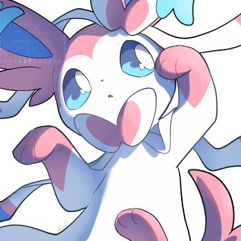 Rule 34 | animal focus, blue eyes, commentary request, gen 6 pokemon, highres, nintendo, no humans, open mouth, pokemon, pokemon (creature), pokemon focus, shual3734, simple background, solo, sylveon, white background