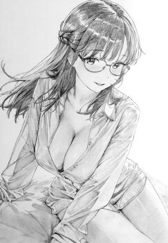 1girl absurdres braid breasts cleavage collared_shirt commentary_request cowboy_shot glasses graphite_(medium) highres large_breasts lensia long_hair long_sleeves looking_at_viewer no_bra no_pants open_mouth original partially_unbuttoned shirt simple_background smile solo traditional_media