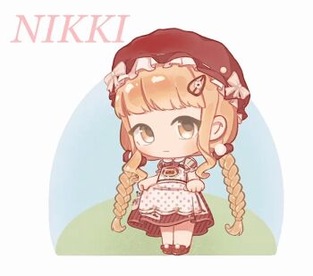 1girl animated animated_gif apron bare_arms blinking blonde_hair blunt_bangs bow braid brown_hair chibi chinese_commentary closed_mouth collared_dress commentary_request copyright_name dress expressionless flower footwear_bow fox39367 frilled_headwear frilled_sleeves frills hair_bow hair_flower hair_ornament hairclip happy hat hat_bow heart infinity_nikki light_blush long_dress long_hair low_twin_braids mob_cap nikki_(series) open_mouth plaid_clothes plaid_dress pleated_dress pocket polka_dot polka_dot_apron pom_pom_(clothes) pom_pom_hair_ornament print_apron puffy_short_sleeves puffy_sleeves raccoon_print red_bow red_dress red_hat red_shoes ribbon-trimmed_headwear ribbon_trim sewing_pin shoes short_sleeves sidelocks skirt_hold smile solo sparkle standing sweet_jazz_nights_(infinity_nikki) twin_braids very_long_hair white_apron white_background white_bow white_flower