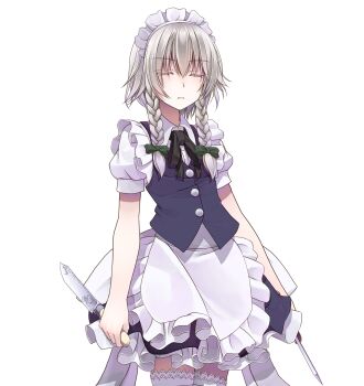 Rule 34 | 1girl, apron, arms at sides, black ribbon, blue skirt, blue vest, bow, braid, braided sidelocks, buttons, closed eyes, closed mouth, collared shirt, commentary request, cowboy shot, crote, frilled apron, frills, green bow, grey hair, hair between eyes, hair bow, half-closed eyes, highres, holding, holding knife, izayoi sakuya, knife, large variant set, layered skirt, maid, maid apron, maid headdress, medium skirt, neck ribbon, puffy short sleeves, puffy sleeves, ribbon, shirt, short hair, short sleeves, skirt, sleeve cuffs, solo, standing, tachi-e, thighhighs, touhou, transparent background, twin braids, u u, variant set, vest, white apron, white headdress, white shirt, white thighhighs, wing collar