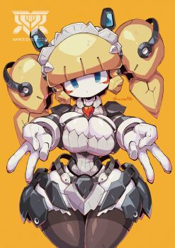 1girl absurdres apron black_pantyhose blonde_hair blue_eyes blunt_bangs breasts cleavage commentary_request double_v highres kuruton486 maid maid_apron maid_headdress medium_breasts original pantyhose robot_girl simple_background twintails v yellow_background