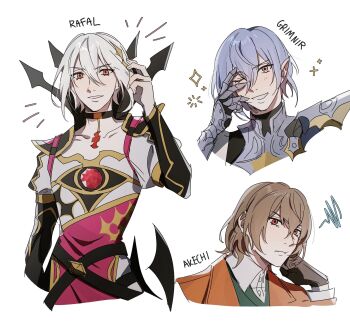 3boys akechi_gorou armor bad_link brown_hair choker collarbone dragon fire_emblem fire_emblem_engage flat_chest formal_clothes gem gloves granblue_fantasy grimnir_(granblue_fantasy) hair_ornament hand_up highres long_sleeves looking_at_viewer male_focus multiple_boys nintendo open_mouth persona pointy_ears purple_hair rafal_(fire_emblem) red_eyes seirorath shoulder_armor sleeveless smile sparkle suit white_hair