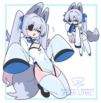 1boy :o animal_ear_fluff animal_ears black_shoes blue_bow blue_bowtie blue_eyes blue_hair blue_shoes bow bowtie bulge china_dress chinese_clothes cleavage_cutout clothing_cutout colored_tips crossdressing crossdressing_(mtf) dress eyepatch fang flipped_hair fox_boy fox_ears fox_tail full_body grey_tail hair_between_eyes hair_bow hair_intakes hand_up hands_up highres leaning_forward long_hair long_sleeves looking_at_viewer multicolored_hair multiple_views narrowed_eyes no_nose one_eye_covered op_na_yarou open_mouth original pelvic_curtain quad_tails red_hair rigel_(op_na_yarou) shoes side_slit sidelocks simple_background sleeves_past_fingers sleeves_past_wrists standing straight_hair tail thighhighs thighs trap very_long_hair watermark white_background white_dress white_hair white_thighhighs