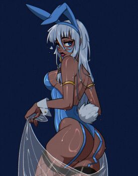 1girl animal_ear_headband animal_ears armlet ass atlantis:_the_lost_empire blue_background blue_eyes blue_garter_straps blue_leotard crystalsugarstars dark-skinned_female dark_skin disney facepaint fishnet_thighhighs fishnets garter_straps gold_armlet heart jewelry kidagakash leotard long_hair looking_at_viewer looking_back playboy_bunny rabbit_ears rabbit_tail solo tail thighhighs thong_leotard tongue tongue_out white_hair white_wrist_cuffs wrist_cuffs