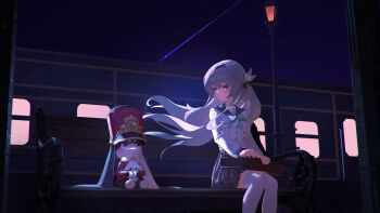 1girl 1other absurdres bag black_hairband black_ribbon blue_pupils blush bow bowtie box_(bagsang59049289) brown_bag buttons collared_shirt double-breasted firefly_(honkai:_star_rail) firefly_(spring_missive)_(honkai:_star_rail) green_bow green_bowtie grey_hair grey_skirt hair_between_eyes hair_intakes hair_ornament hair_ribbon hairband handbag highres holding holding_bag honkai:_star_rail honkai_(series) multicolored_eyes on_bench plaid_bow plaid_bowtie plaid_clothes pleated_skirt pom-pom_(honkai:_star_rail) ribbon shirt shooting_star skirt sky smile star_(sky) starry_sky thighhighs train white_shirt white_thighhighs