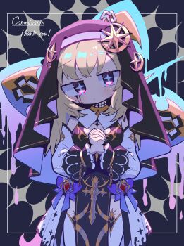 +_+ 1girl absurdres black_tabard blonde_hair blush borrowed_character breasts closed_mouth commentary_request commission cowboy_shot dress highres long_hair long_sleeves looking_at_viewer medium_breasts original own_hands_clasped own_hands_together purple_veil red_eyes richard_(richaball) skeb_commission solo tabard thank_you veil white_dress