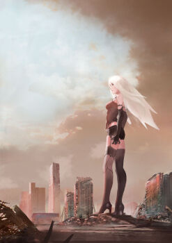 1girl a2_(nier:automata) absurdres black_gloves black_shorts building ciel_(19940421) closed_mouth commentary_request elbow_gloves garter_straps gloves high_heels highres long_hair long_sleeves midriff nier:automata nier_(series) post-apocalypse sepia shorts skyscraper solo standing thighhighs white_hair