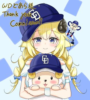 1girl absurdres alternate_costume animal_ears blue_hat blush braid chunichi_dragons closed_mouth commentary_request commission hat highres hololive horns inokeiwd long_hair looking_at_viewer nippon_professional_baseball purple_eyes sheep_ears sheep_girl sheep_horns shirt skeb_commission solo tsunomaki_watame twin_braids virtual_youtuber watamate white_shirt