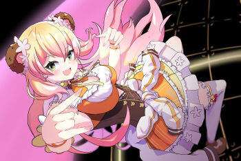 1girl \m/ absurdres animal_ears asymmetrical_legwear bear_ears bell blonde_hair bow bowtie breasts brown_bow brown_bowtie cleavage cleavage_cutout clothes_around_waist clothing_cutout commentary_request corset crossed_bangs cutout_above_navel dutch_angle fake_animal_ears fang flower frilled_shirt frilled_skirt frilled_thighhighs frills gradient_hair green_eyes hair_flower hair_ornament hands_up highres hololive jacket jacket_around_waist jingle_bell large_breasts layered_skirt long_hair looking_at_viewer looking_to_the_side momosuzu_nene momosuzu_nene_(1st_costume) multicolored_bow multicolored_bowtie multicolored_hair neck_bell open_mouth orange_bow orange_bowtie orange_shirt orange_skirt peach_ornament pink_hair shirt sidelocks single_thighhigh skin_fang skirt sleeveless smile solo stage standing thighhighs two_side_up user_tamh4573 virtual_youtuber white_jacket white_thighhighs yellow_bow yellow_bowtie zettai_ryouiki