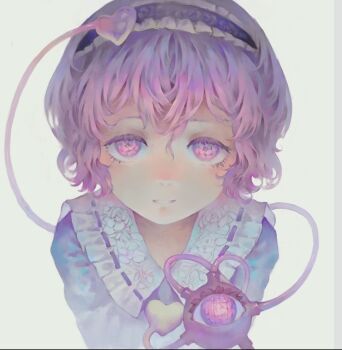 1girl blue_shirt buttons collared_shirt commentary contrast_collar eyeball frilled_shirt_collar frills hair_ornament hairband heart heart_button heart_hair_ornament komeiji_satori long_sleeves looking_at_viewer pink_eyes pink_hair ribbon-trimmed_collar ribbon_trim shirt smile solo ta'er third_eye touhou