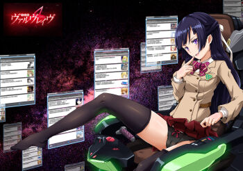 10s 1girl black_hair black_panties black_thighhighs bow bow_panties bowtie cameltoe clothes_lift cockpit feet female_focus finger_to_mouth floating_screen half_updo highres kakumeiki_valvrave legs long_hair looking_at_viewer no_shoes open_mouth panties pleated_skirt purple_eyes rukino_saki school_uniform screen sirills sitting skirt skirt_lift solo space thighhighs underwear upskirt