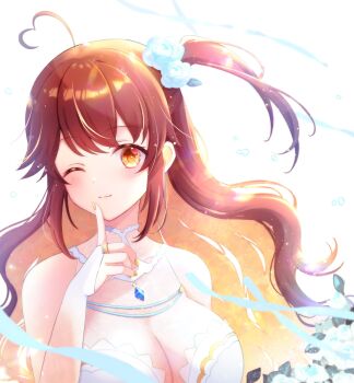 Rule 34 | 1girl, ;), ahoge, arm at side, assault lily, bare shoulders, blue flower, blue gemstone, blue ribbon, blush, breasts, bridal gauntlets, brown hair, closed mouth, colored inner hair, commentary request, finger to own chin, fingernails, flower, gem, glint, hair flower, hair ornament, heart, heart ahoge, highres, jewelry, large breasts, looking at viewer, mizuha (dreamchild 0504), multicolored hair, nail polish, one eye closed, one side up, orange eyes, orange hair, pendant, ribbon, ring, see-through cleavage, see-through clothes, shirt, simple background, sleeveless, sleeveless shirt, smile, solo, takasuga tsukushi, two-tone hair, white background, white bridal gauntlets, white flower, white shirt, yellow nails