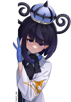 1girl absurdres black_dress black_hair blush closed_mouth coat commentary dress english_commentary gloves gradient_hair gwynn_(pokemon) hat highres long_sleeves looking_at_viewer mega_stone multicolored_hair nintendo obi3 partially_fingerless_gloves pokemon pokemon_legends:_z-a purple_eyes purple_hair short_hair smile solo twitter_username upper_body white_background white_coat