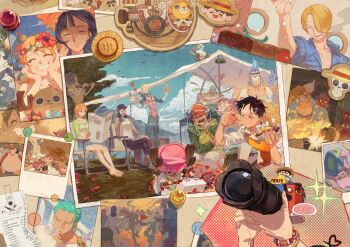+++ 2girls 6+boys apron bird black_hair blonde_hair blue_hair blue_shirt bracelet camera closed_eyes commentary commission den_den_mushi franky_(one_piece) hair_over_one_eye haramaki hat head_rest highres holding holding_camera holding_sword holding_weapon jewelry jolly_roger long_hair long_nose monkey_d._luffy multiple_boys multiple_girls nami_(one_piece) news_coo nico_robin one_piece orange_hair photo_(object) pink_vest pompadour roronoa_zoro sanji_(one_piece) shirt sitting siyangou49 sleeping smile sparkle squeans straw_hat straw_hat_pirates straw_hats_jolly_roger striped_clothes striped_shirt sword thousand_sunny tony_tony_chopper usopp vertical-striped_clothes vertical-striped_shirt vest weapon
