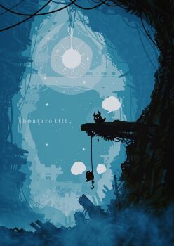 artist_name blue_theme cable commentary_request fog highres hook no_humans original outdoors rope rubble ruins scenery shoutarou_(shoutarotttt) sky star_(sky) wreckage