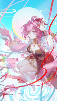 1girl barefoot breasts cherry_blossoms chinese_commentary cleavage commentary_request dress elysia_(herrscher_of_human:_ego)_(honkai_impact) elysia_(honkai_impact) elysia_(peachy_spring)_(honkai_impact) falling_petals feet flower hair_flower hair_ornament highres honkai_(series) honkai_impact_3rd large_breasts long_hair long_sleeves official_alternate_costume petals pink_hair puffy_long_sleeves puffy_sleeves purple_eyes red_dress seawave02974 smile solo very_long_hair water
