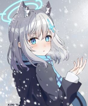 1girl absurdres animal_ear_fluff animal_ears artist_name black_jacket blazer blue_archive blue_eyes blue_halo blue_scarf blush commentary_request cross_hair_ornament from_side grey_background grey_hair hair_between_eyes hair_ornament halo highres jacket long_sleeves looking_at_viewer medium_hair mismatched_pupils open_mouth scarf shiroko_(blue_archive) shirt sidelocks snow solo striped_clothes striped_scarf turning_head white_shirt wolf_ears xiaoyu_(hyh224488)