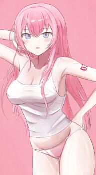1girl absurdres arm_tattoo arm_up armpits bare_arms blue_eyes blush breasts camisole chinese_commentary cleavage collarbone commentary_request contrapposto covered_erect_nipples cowboy_shot groin hair_between_eyes hand_in_own_hair hand_on_own_hip highres large_breasts long_hair looking_at_viewer megurine_luka midriff no_pants number_tattoo panties parted_lips pink_background pink_hair pink_panties sidelocks simple_background solo spaghetti_strap standing straight_hair string_panties tattoo thigh_gap thighs underwear vivi928413 vocaloid wet white_camisole