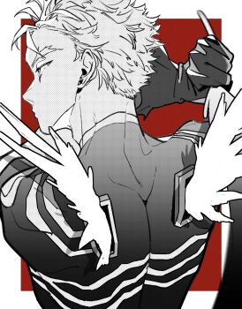 1boy arm_up back boku_no_hero_academia border commentary_request forked_eyebrows gloves greyscale_with_colored_background hawks_(boku_no_hero_academia) highres holding looking_to_the_side male_focus mkyn29 outside_border shirt short_hair sideways_glance solo upper_body wings