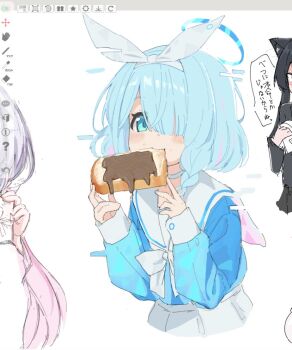 Rule 34 | 1girl, arona (blue archive), blue archive, blue eyes, blue hair, blue halo, blue shirt, bow, bow hairband, bowtie, braid, bread, bread slice, cropped torso, eating, food, food in mouth, hair over one eye, hairband, halo, mouth hold, nutella, okimiyage (oitekuze kore), sailor collar, school uniform, serafuku, shirt, short hair, side braid, simple background, solo focus, toast, toast in mouth, white background, white bow, white bowtie, white sailor collar