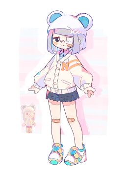 Rule 34 | 1girl, animal crossing, bandaid, bandaid on face, bandaid on knee, bandaid on leg, bandaid on nose, bear hat, black skirt, blue eyes, blunt bangs, blunt ends, blush stickers, buttons, cardigan, closed mouth, dot nose, eyepatch, fewer digits, full body, grey hair, hat, highres, jitome, long sleeves, looking at viewer, medical eyepatch, miniskirt, nintendo, reference inset, shoes, short hair, sidelocks, skirt, smile, sneakers, solo, standing, uenomigi, villager (animal crossing), white cardigan, white hat, yellow shoes