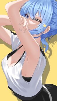 1girl absurdres armpit_crease arms_up blue_eyes blue_hair blue_nails breasts cleavage commentary crop_top highres hololive hololive_dance_practice_uniform hoshimachi_suisei looking_at_viewer medium_breasts official_alternate_costume rain_lambda simple_background solo star_(symbol) star_in_eye symbol_in_eye virtual_youtuber yellow_background