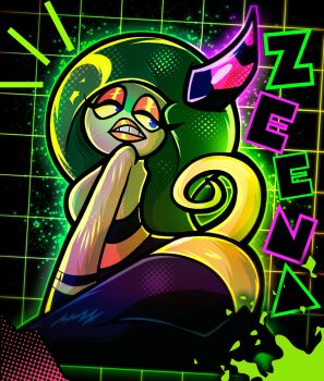 Rule 34 | 1girl, ass, black skin, blue eyes, breasts, character name, clenched teeth, colored sclera, colored skin, commentary, english commentary, eyeshadow, feet, female focus, fingernails, forgodsshake, from side, full body, glowing horns, green hair, green skin, grin, half-closed eyes, highres, horns, huge ass, long hair, makeup, medium breasts, monster girl, no nipples, no nose, notice lines, oni, outline, pink nails, purple trim, sega, sharp fingernails, sideboob, sideways glance, simple background, single horn, sitting, smile, solo, sonic (series), sonic lost world, standing, tail, teeth, thick lips, thick thighs, thighs, very long hair, wariza, wide hips, yellow eyeshadow, yellow lips, yellow sclera, zeena