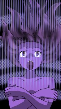 1girl armpit_crease breasts brown_eyes brown_hair collarbone completely_nude covering_breasts covering_privates crossed_arms curled_fingers digimon digimon_frontier energy eyelashes f20000 facing_viewer female_focus fingernails floating_hair henshin highres long_hair looking_up matching_hair/eyes neck nude original out-of-frame_censoring purple_theme sidelocks small_breasts spirit_evolution topless_frame upper_body wavy_hair