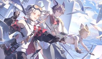 3boys animal_ears artist_request bird black_gloves black_jacket boat cloud colored_tips commentary doupu41 fingerless_gloves gloves goggles goggles_on_head highres holding holding_polearm holding_weapon jacket laurel_crown looking_at_another looking_to_the_side male_focus multicolored_hair multiple_boys ocean official_art open_mouth pointing polearm profile sail scar scar_across_eye scar_on_face seagull serval_(zeroera) shirt sleeveless sleeveless_shirt sleeveless_sweater smile sweater symbol-only_commentary tail textless_version tyr_(zeroera) watercraft weapon white_sweater zero_(zeroera) zeroera