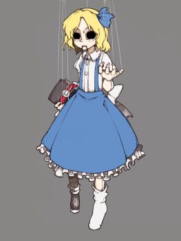 1girl alice_margatroid alice_margatroid_(pc-98) back_bow bare_arms black_pantyhose black_socks blonde_hair blue_bow blue_skirt blush_stickers bolos book bow buttons collared_shirt commentary doll_joints expressionless eye_socket frilled_shirt_collar frilled_skirt frills full_body grey_background grimoire hair_bow holding holding_book joints marionette medium_skirt mismatched_socks monsterification open_mouth pantyhose puffy_short_sleeves puffy_sleeves puppet puppet_strings shirt short_hair short_sleeves simple_background single_leg_pantyhose skirt socks solo standing suspender_skirt suspenders tachi-e teeth touhou touhou_(pc-98) upper_teeth_only white_bow white_shirt white_socks