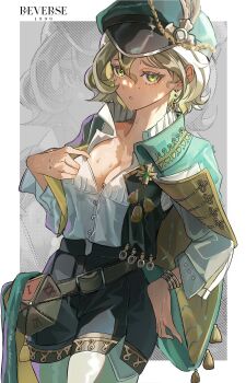 1girl :o belt belt_pouch black_shorts black_vest border bracelet breasts brown_belt brown_hair cape cleavage clothes_pull copyright_name cowboy_shot furrowed_brow green_cape green_eyes green_hat grey_background hand_on_own_hip hashtag-only_commentary hat hat_feather highres jewelry jutyonduty logo looking_at_viewer medium_breasts mole mole_under_eye newsboy_cap open_clothes open_vest outside_border pouch recoleta_(reverse:1999) reverse:1999 shirt shirt_pull short_hair shorts side_cape solo sweat vest white_border white_shirt zoom_layer