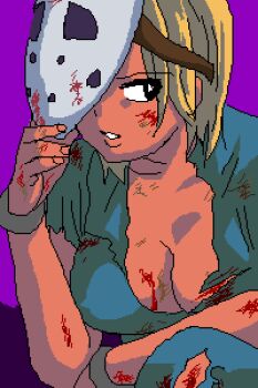 Rule 34 | 1girl, blonde hair, blood, breasts, commentary request, cosplay, crossdressing, crossdressing (ftm), female focus, genderswap, genderswap (mtf), hmisao, large breasts, lowres, mask, midnight bliss, namco, oekaki, rick (splatterhouse), rick taylor, rick taylor (cosplay), solo, splatterhouse
