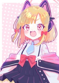 Rule 34 | 1girl, black skirt, blonde hair, blue archive, blue necktie, bow, commentary request, cowboy shot, eyebrows hidden by hair, hair bow, high-waist skirt, highres, jacket, jacket partially removed, medium hair, minato temiyage, miniskirt, momoi (blue archive), necktie, open mouth, pink background, pink hair, polka dot, polka dot background, red bow, short necktie, signature, skirt, smile, solo, suspender skirt, suspenders, white jacket