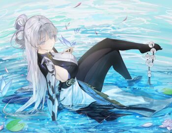 1girl absurdres bead_bracelet beads bracelet breasts colored_eyelashes commentary english_commentary goddess_of_victory:_nikke highres jewelry kiki_(akasaka0818) large_breasts mechanical_arms monk nayuta_(nikke) single_mechanical_arm solo split-color_clothes thick_eyelashes unusually_open_eyes white_eyelashes