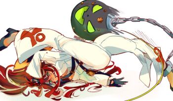 1girl 88junos ball_and_chain_restraint black_shoes bodysuit breakdance breasts dorpos green_eyes guilty_gear guilty_gear_strive jack-o'_valentine long_hair medium_breasts multicolored_hair red_hair shoes white_bodysuit white_hair