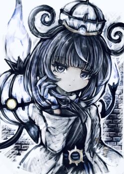 1girl absurdres belt belt_buckle black_dress black_eyes black_hair blue_gloves blunt_bangs bob_cut brick_wall buckle chandelure closed_mouth coat dress gen_5_pokemon gloves gwynn_(pokemon) hat highres long_sleeves looking_at_viewer nintendo o-ring o-ring_belt open_clothes open_coat pokemon pokemon_(creature) pokemon_legends:_z-a short_hair tsukihi_shida upper_body white_coat