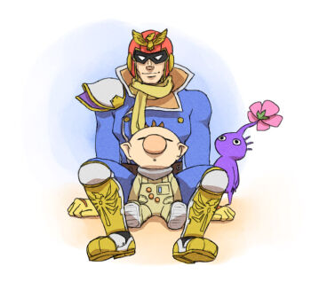 2boys armor armored_boots belt big_nose black_eyes blue_jacket blue_pants boots brown_belt brown_hair buttons captain_falcon closed_eyes closed_mouth collared_jacket colored_skin commentary_request f-zero flower full_body helmet high_collar jacket knee_pads knees_up lapels long_sleeves looking_at_viewer male_focus multiple_boys naru_(wish_field) nintendo no_headwear no_mouth notched_lapels olimar pants parted_lips pauldrons pikmin_(creature) pikmin_(series) pink_flower pointy_ears purple_hair purple_pikmin purple_skin red_helmet scarf short_hair shoulder_armor single_pauldron sitting size_difference smirk solid_eyes spacesuit straight-on studded_belt super_smash_bros. very_short_hair white_background white_eyes yellow_boots yellow_scarf